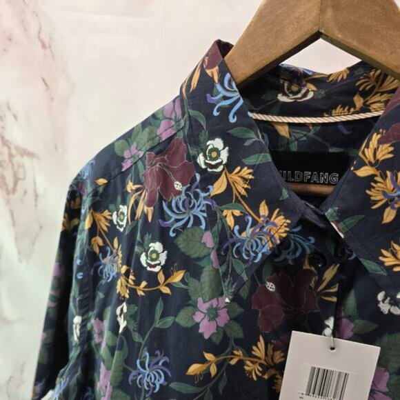 Wildfang Shirt Womens Large Floral Button Up Boxy Cropped Wildflower Navy - Picture 2 of 11